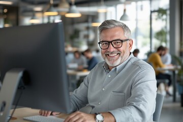 Aufkleber - Confident mature man smiling while working at computer in modern office environment.