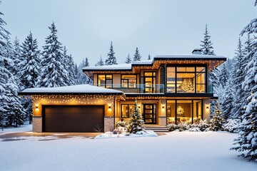 Poster - Modern house decorated with festive lights surrounded by snow-covered trees, creating a serene winter holiday ambiance.