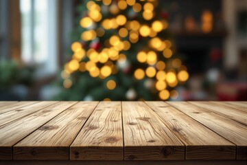 Poster - Wooden table in focus with blurred Christmas tree lights in the background.