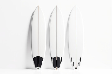 Poster - Three white surfboards standing upright on a minimalistic background.