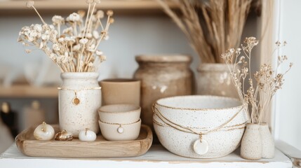 Poster - Cozy Rustic Handcrafted Ceramic Pottery Vase and Home Decor Arrangement on Wooden Tray