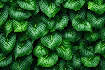 Poster - Close-up of vibrant green tropical leaves with detailed textures on a dark background.