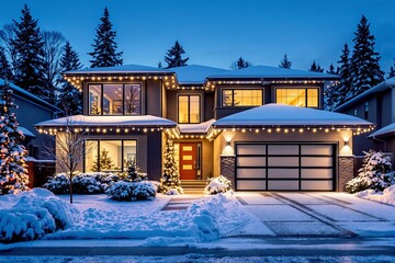 Poster - Modern house with festive lights and snowy exterior at dusk during holiday season.