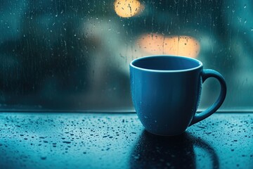 Poster - A blue coffee cup sits on a window sill, ready for use