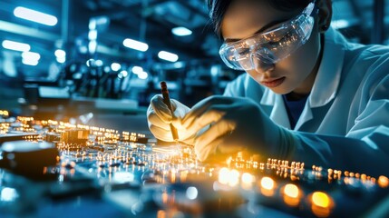 Poster - Close up of an engineer working on an electronic circuit board with soldering tools and components