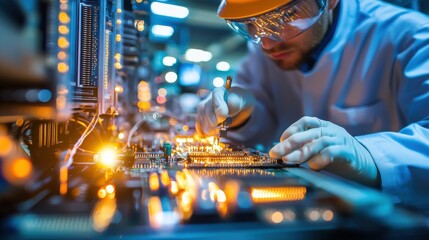 Poster - Close up of a technician repairing an electronic circuit board in a high tech workshop