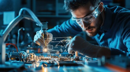 Poster - Close up of an expert engineer working on an electronic circuit board in a workshop