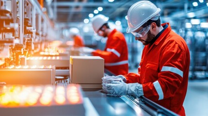 Poster - Industrial factory worker wearing safety equipment inspecting machinery