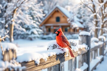 Poster - Bright red cardinal perched on a snow-covered wooden fence in a serene winter setting with a cozy cabin in the background.