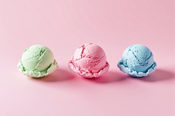 Aufkleber - Three scoops of pastel ice cream on a pink background.
