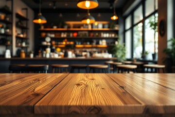 Poster - Wooden table in cozy cafe interior with blurred background of chairs and shelves filled with plants and decor elements.