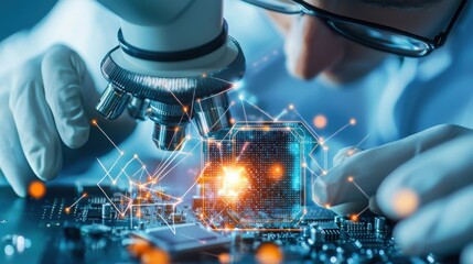 Poster - Scientist Examining Glowing Circuitry with Magnifying Glass Uncovering Technological Advancements