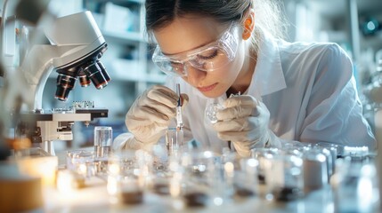 Poster - Scientist Examining Samples Through Microscope in Modern Laboratory