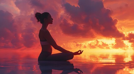 Poster - A woman flowing seamlessly into a seated twist under a softly glowing sky, her face serene and reflective