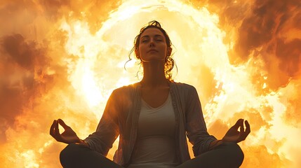 Poster - A woman flowing seamlessly into a seated twist under a softly glowing sky, her face serene and reflective