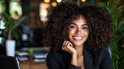 Smiling woman with curly hair in a modern office setting