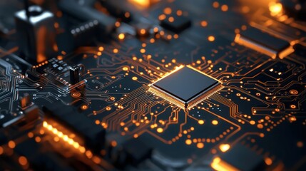 Poster - Futuristic Glowing Metallic Computer Circuit Board with Sparking Electrical Connections