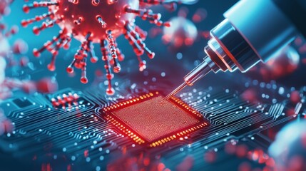 Poster - Microscopic View of Glowing Microchip with Shimmering Particles