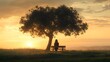 © cynz - A woman sitting on a wooden bench under a lone tree at sunset, her silhouette framed by the golden light streaming through the branches