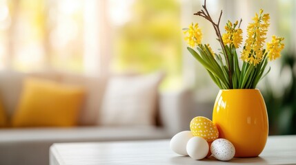 A cheerful display of colorful Easter eggs arranged next to a bright flower pot, embodying the spirit of renewal and joy that comes with the spring season.