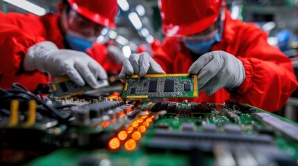 Poster - Skilled Technician Repairing Electronic Circuit Board in Industrial Workplace