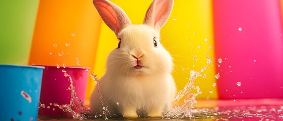 Cute white bunny rabbit splashing in colorful water.