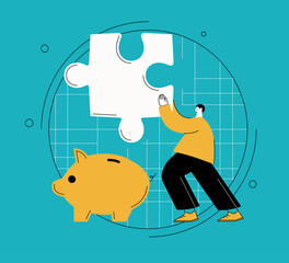 A character man holding a piece of a puzzle creative flat vector for financial savings and budgeting solutions