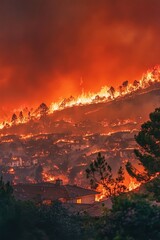 Canvas Print - A large fire burning high above, with flames and smoke visible against a blue or gray background