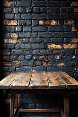 Poster - A wooden table placed in front of a brick wall, great for decorative or functional use