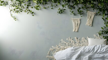 Poster - A serene bedroom with light gray walls, a white bedspread, and lush greenery hanging from macrame plant holders