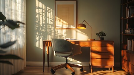 Aufkleber - A minimalist home office with a wooden desk, a comfortable chair, and a glowing desk lamp casting warm light
