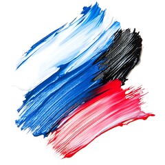 A close-up of a white background with three distinct brushstrokes. The brushstrokes are in different colors: blue, black, and red.