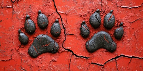Poster - Two black and white paw prints on a red background