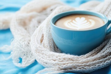 Sticker - A warm cup of coffee placed on a soft blue blanket, perfect for cozy moments