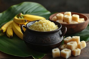 Wall Mural - A simple breakfast or snack setup with rice and bananas on a table