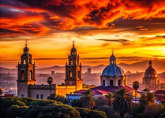 Wall Mural - Silhouette of San Diego Skyline or Morelia's Sanctuary Guadalupe at Sunset