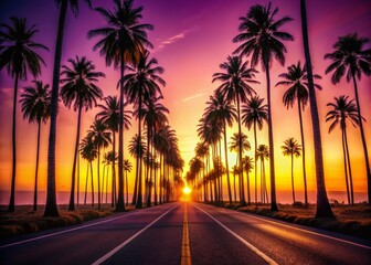 Wall Mural - Silhouette Palm Trees Neon Road Sunset - Dramatic Night Scene Stock Photo