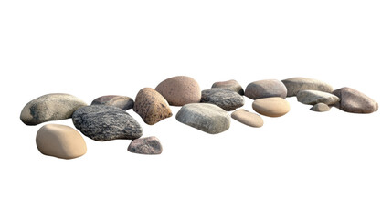 Poster - The image shows a diverse group of smooth river rocks arranged in a loose row against a black background.