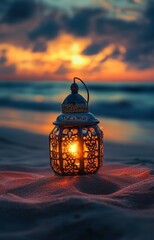 Wall Mural - Ramadan lantern in the sand at sunset on an exotic beach with a beautiful sky, text 