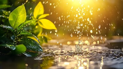Aufkleber - Close-Up of Water Droplets Splashing on Calm Surface Surrounded by Lush Green Leaves with Golden Sunlight in Background Creating a Peaceful Natural Scene