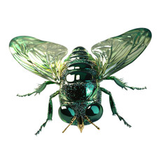 Poster - A digitally rendered image showcases a stylized green metallic bee with transparent wings and gold accents against a black background.