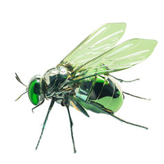 Poster - A digital 3D rendering showcases a detailed model of a robotic fly with a metallic green body and transparent wings.