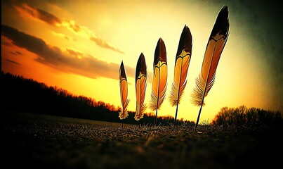 Sticker - Five vibrant bird feathers stand tall against a fiery sunset landscape.