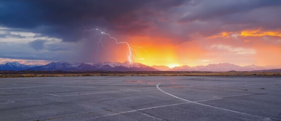 Poster - Dramatic Sunset Over Mountains with Lightning