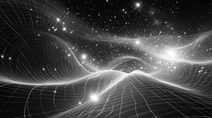 Black and white abstract background contoured spacetime grid waves and forming stars glowing on dark background science gravity physics gravitational waves AI quantum computing early universe concepts