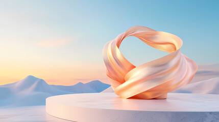 Poster - Abstract Rose Gold Sculpture on a Pedestal at Sunrise 