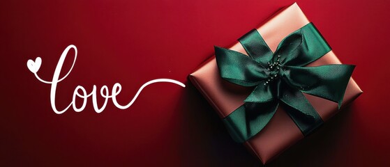 Elegant copper or rose gold gift box with a green ribbon and bow on a red background with the word love for Valentines Day, Christmas, or a birthday Concept of love, giving, and celebration