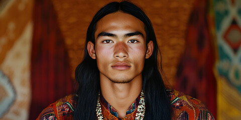 Portrait of a young Indigenous man in traditional attire, showcasing cultural heritage and identity amidst colorful textiles in a warm, natural setting