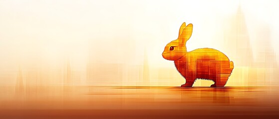 Canvas Print - Golden rabbit silhouette against a hazy cityscape.