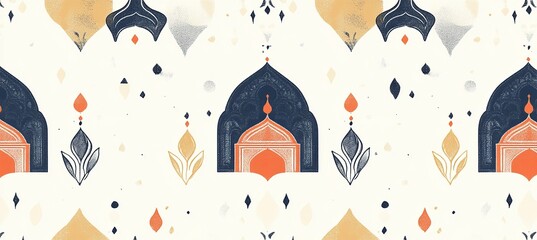 Wall Mural - Simple vector design, a flat illustration of an Islamic pattern background with a mosque silhouette and ornamental decoration. 